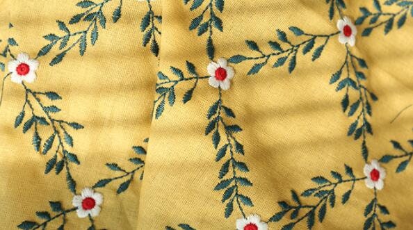 Cotton linen fabric with embroidered flower, yellow color cotton linen fabric, by the yard