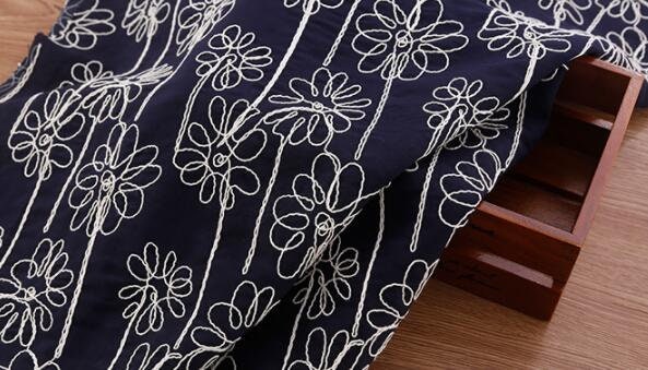 Embroidered fabric, cotton flower style fabric, dark navy blue fabric, diy fabric