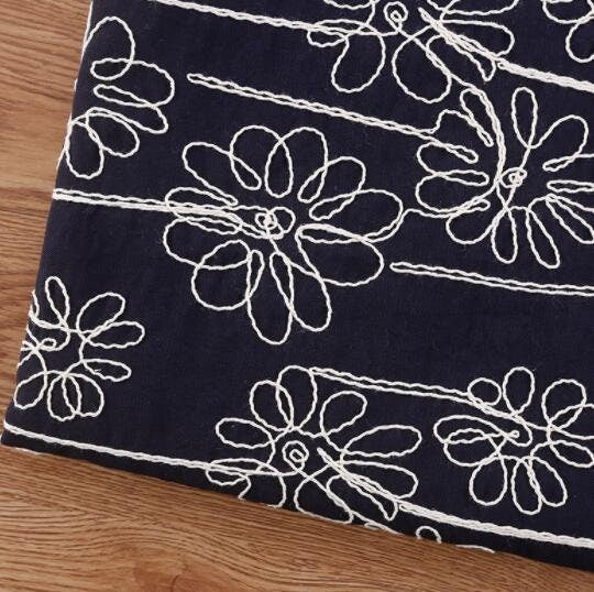 Embroidered fabric, cotton flower style fabric, dark navy blue fabric, diy fabric
