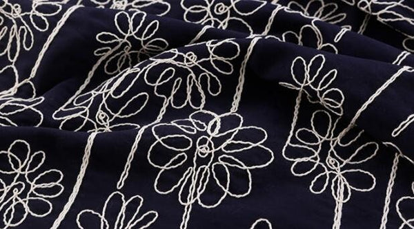 Embroidered fabric, cotton flower style fabric, dark navy blue fabric, diy fabric