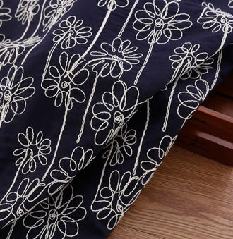 Embroidered fabric, cotton flower style fabric, dark navy blue fabric, diy fabric