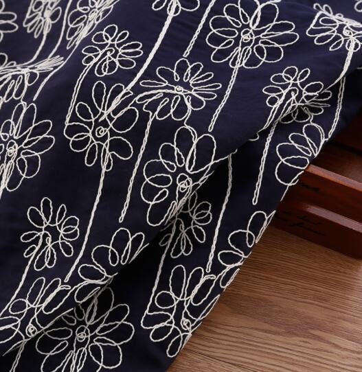Embroidered fabric, cotton flower style fabric, dark navy blue fabric, diy fabric