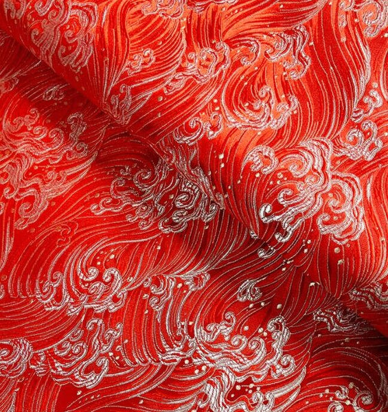 Red color brocade fabric with wave pattern, jacquard fabric, dragon style brocade fabric, cosplay dress fabric, by the yard