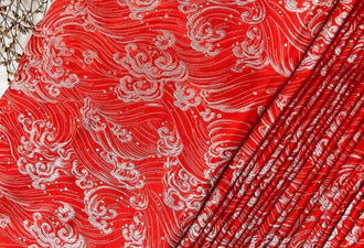 Red color brocade fabric with wave pattern, jacquard fabric, dragon style brocade fabric, cosplay dress fabric, by the yard