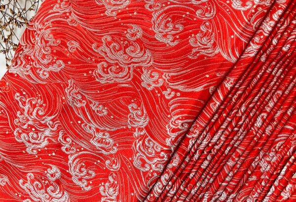Red color brocade fabric with wave pattern, jacquard fabric, dragon style brocade fabric, cosplay dress fabric, by the yard