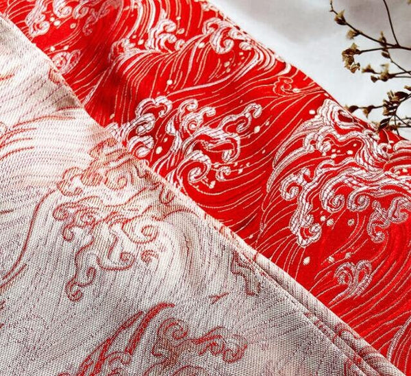 Red color brocade fabric with wave pattern, jacquard fabric, dragon style brocade fabric, cosplay dress fabric, by the yard