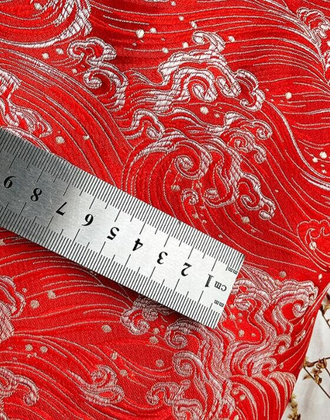 Red color brocade fabric with wave pattern, jacquard fabric, dragon style brocade fabric, cosplay dress fabric, by the yard
