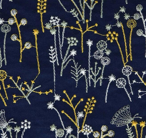 4 Color Cotton linen fabric, embroidered floral style fabric, by the yard