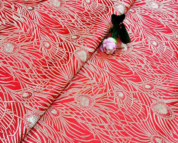 4 Color Red/blue/black color peacock feather brocade fabric, jacquard fabric, dragon style brocade fabric, cosplay dress fabric, by the yard