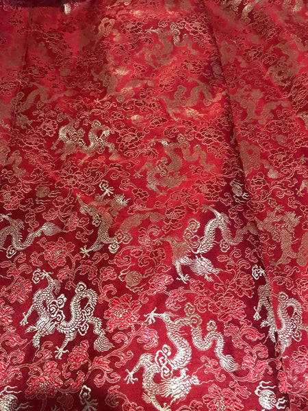Red color brocade fabric with golden dragon pattern, jacquard fabric, Cosplay fabric, by the yard