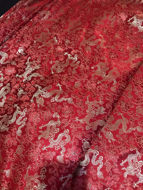 Red color brocade fabric with golden dragon pattern, jacquard fabric, Cosplay fabric, by the yard