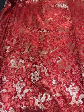 Red color brocade fabric with golden dragon pattern, jacquard fabric, Cosplay fabric, by the yard