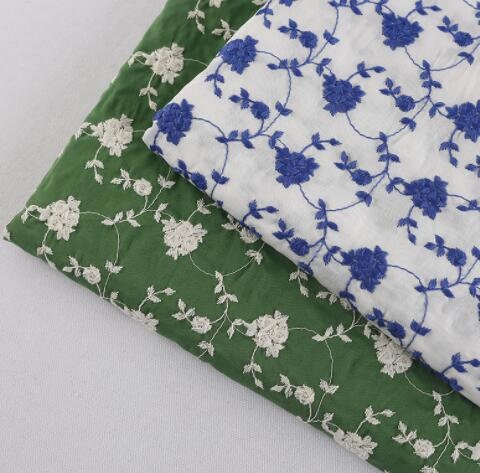 2 Color Green/off-white color cotton fabric with embroidered flower, skirt fabric, for summer dress, wholesale