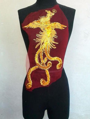 Red color mesh with phoenix pattern applique, embroidered phoenix, for 1 pcs