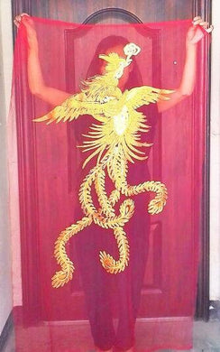 Red color mesh with big phoenix pattern applique, embroidered phoenix, for 1 pcs