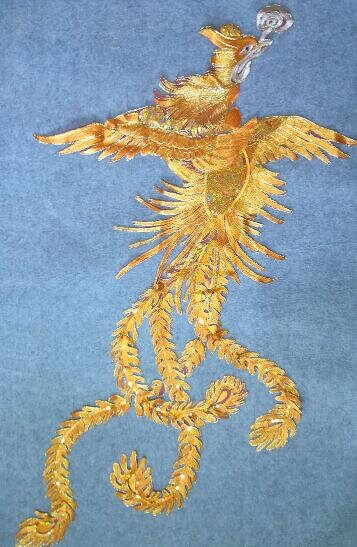 Red color mesh with big phoenix pattern applique, embroidered phoenix, for 1 pcs