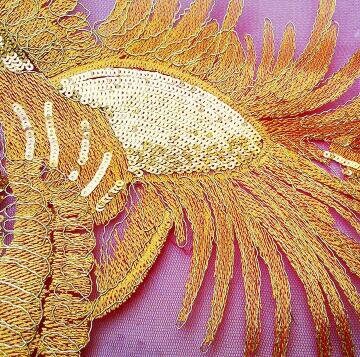 Red color mesh with big phoenix pattern applique, embroidered phoenix, for 1 pcs
