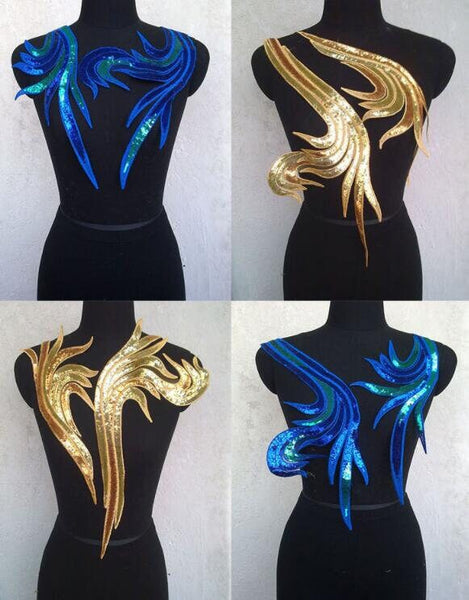 3 Color Blue/golden/red color sequins applique, embroidered applique, by the yard