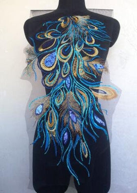 Blue color feather applique, sequins applique, embroidered applique, for 1 pcs