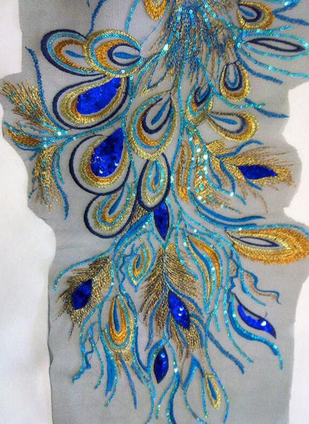 Blue color feather applique, sequins applique, embroidered applique, for 1 pcs