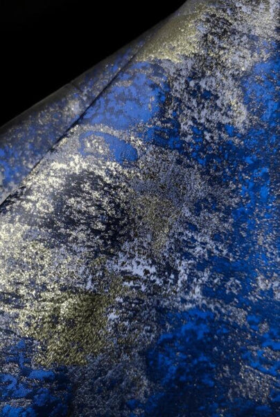 Blue golden color jacquard fabric, metallic color jacquard, shiny fabric, by the yard
