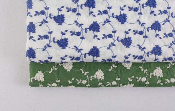 2 Color Green/off-white color cotton fabric with embroidered flower, skirt fabric, for summer dress, wholesale