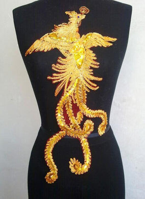 Red color mesh with phoenix pattern applique, embroidered phoenix, for 1 pcs