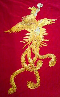 Red color mesh with big phoenix pattern applique, embroidered phoenix, for 1 pcs