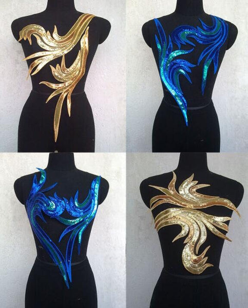 3 Color Blue/golden/red color sequins applique, embroidered applique, by the yard