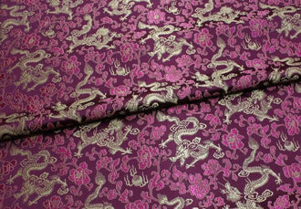 Purple red color brocade fabric, jacquard fabric, gold dragon style brocade fabric, cosplay dress fabric, by the yard