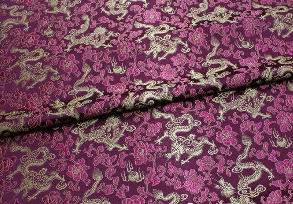 Purple red color brocade fabric, jacquard fabric, gold dragon style brocade fabric, cosplay dress fabric, by the yard