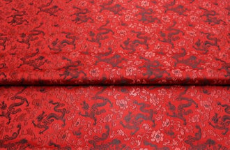 Red color brocade fabric, jacquard fabric, black dragon fabric, by the yard