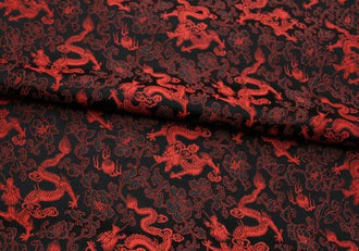 Black red color brocade fabric, dragon style brocade fabric, jacquard fabric, by the yard