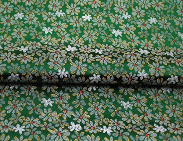 Dark green color brocade fabric with daisy pattern, jacquard fabric, by the yard
