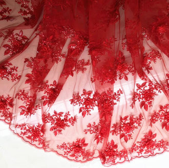 Red lace fabric, mesh embroidered sequins flower fabric, wedding lace fabric, cosplay dress fabric, by the yard