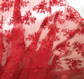 Red lace fabric, mesh embroidered sequins flower fabric, wedding lace fabric, cosplay dress fabric, by the yard
