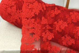 Red lace fabric, mesh embroidered fabric, wedding lace fabric, cosplay dress fabric, by the yard