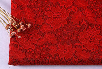 Red lace pattern fabric, elastic brocade knitted fabric, wedding fabric, fabric by the yard