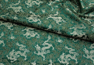 Dark green color brocade fabric, jacquard fabric, gold color dragon style brocade fabric, cosplay dress fabric, by the yard