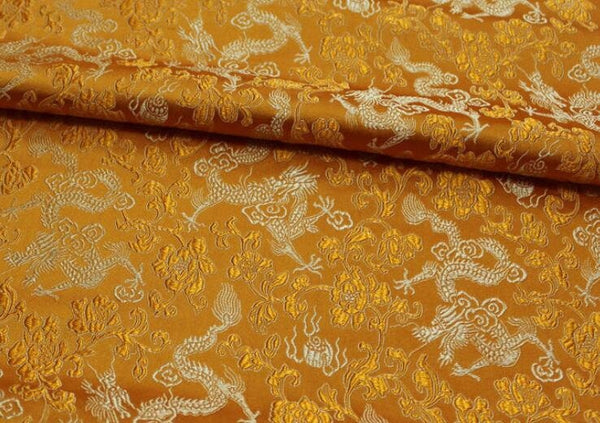 Orange yellow color brocade fabric, jacquard fabric, gold color dragon style brocade fabric, cosplay dress fabric, by the yard