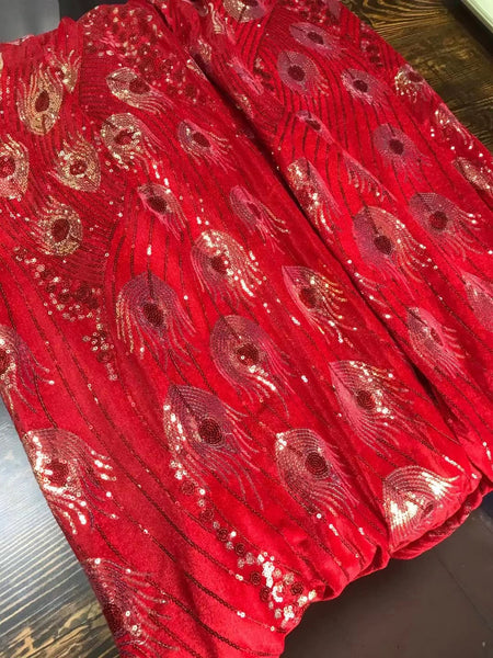 High quality red color peacock feather sequin fabric, embroidered feather fabric, velvet fabric, by the yard