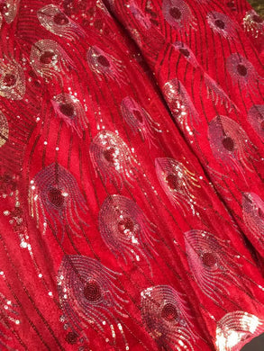 High quality red color peacock feather sequin fabric, embroidered feather fabric, velvet fabric, by the yard