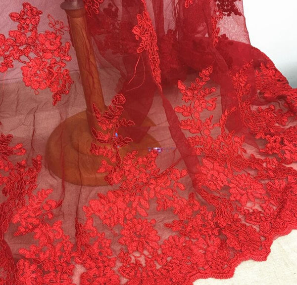 Red lace fabric, mesh embroidered fabric, wedding lace fabric, cosplay dress fabric, by the yard