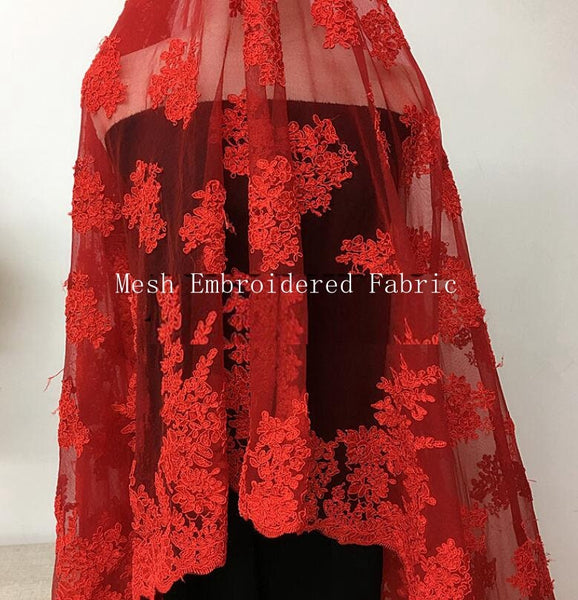 Red lace fabric, mesh embroidered fabric, wedding lace fabric, cosplay dress fabric, by the yard