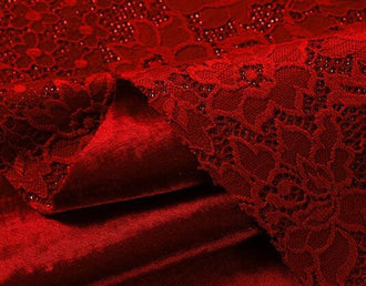 Red lace pattern fabric, elastic brocade knitted fabric, wedding fabric, fabric by the yard