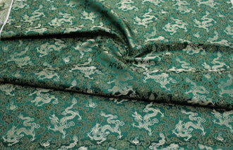 Dark green color brocade fabric, jacquard fabric, gold color dragon style brocade fabric, cosplay dress fabric, by the yard