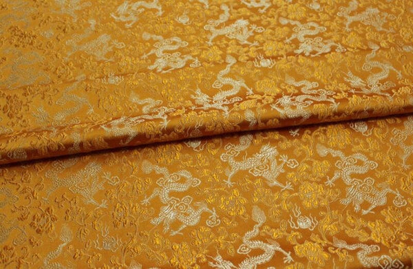 Orange yellow color brocade fabric, jacquard fabric, gold color dragon style brocade fabric, cosplay dress fabric, by the yard