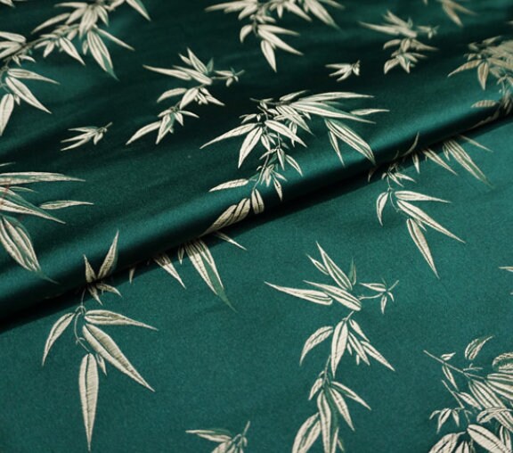 Dark green color brocade fabric, jacquard fabric, bamboo style brocade fabric, fabric by the yard