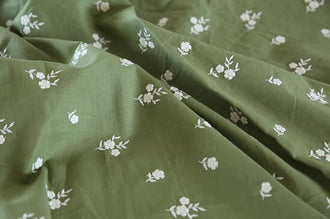 SALE, Green color cotton linen fabric, embroidered white flower fabric, fabric by the yard