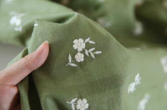 SALE, Green color cotton linen fabric, embroidered white flower fabric, fabric by the yard